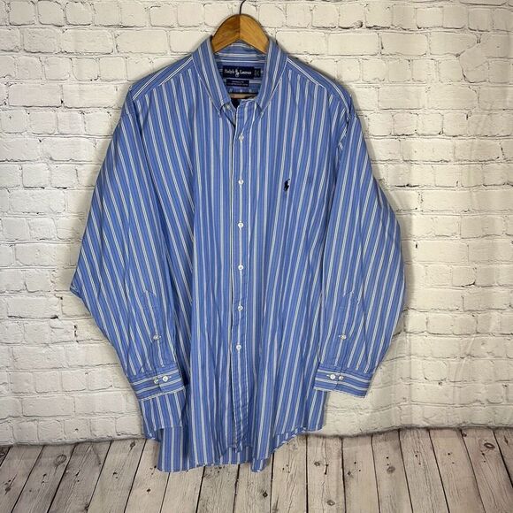 Ralph Lauren Dress Shirt Yarmouth Pinpoint Oxford Blue Striped Mens Sz 17 32/33 - Picture 1 of 7